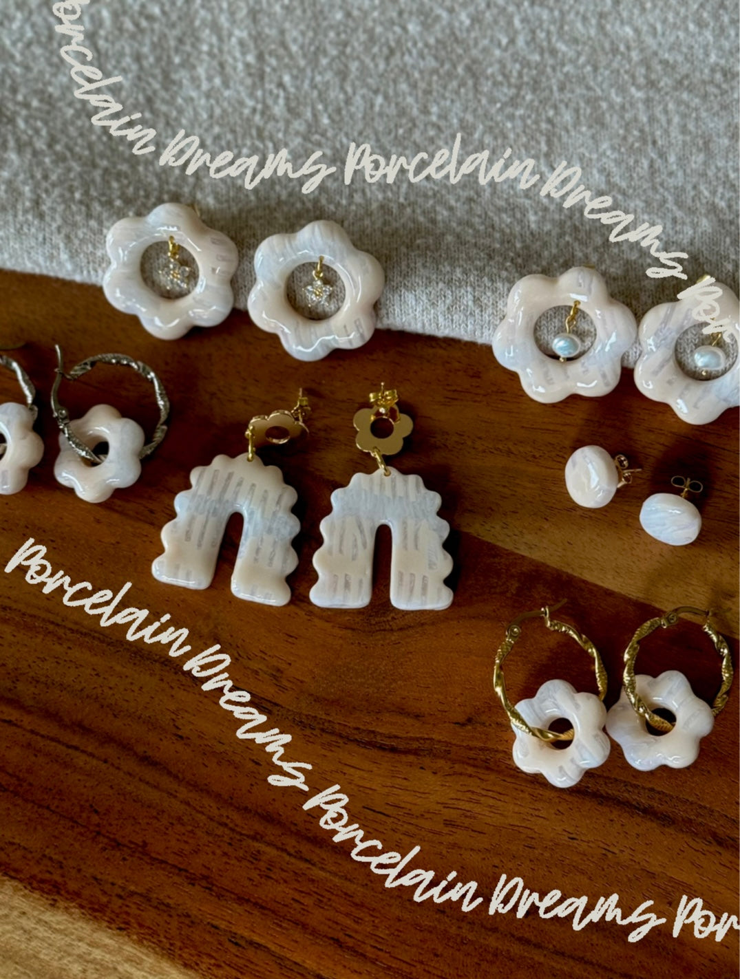 Porcelain Dreams Collection | Statement Ohrringe aus Polymer Clay |  Creme & transparentes Weiß | Creative Studio Anni