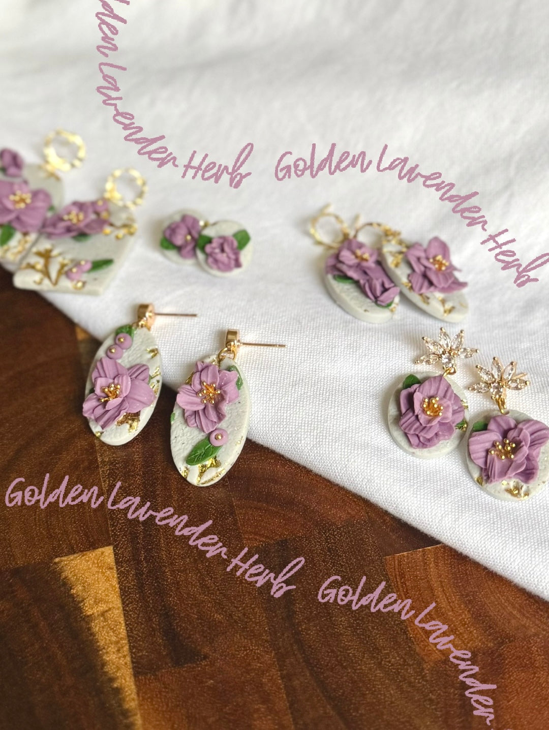 Golden Lavender Herb Collection | Statement Ohrringe aus Polymer Clay |  Lavender Herb & Gold | Creative Studio Anni