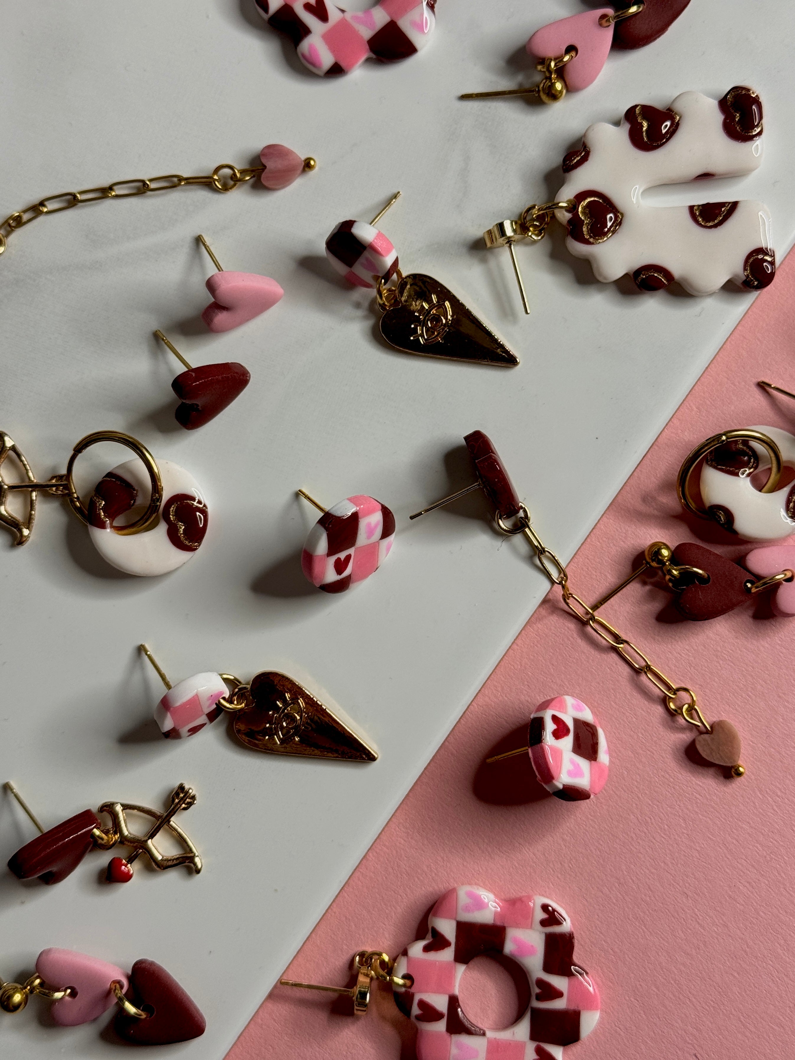 Be my Valentine Collection | Statement Ohrringe aus Polymer Clay |  Rosa, Rot, Weiß, Gold | Creative Studio Anni
