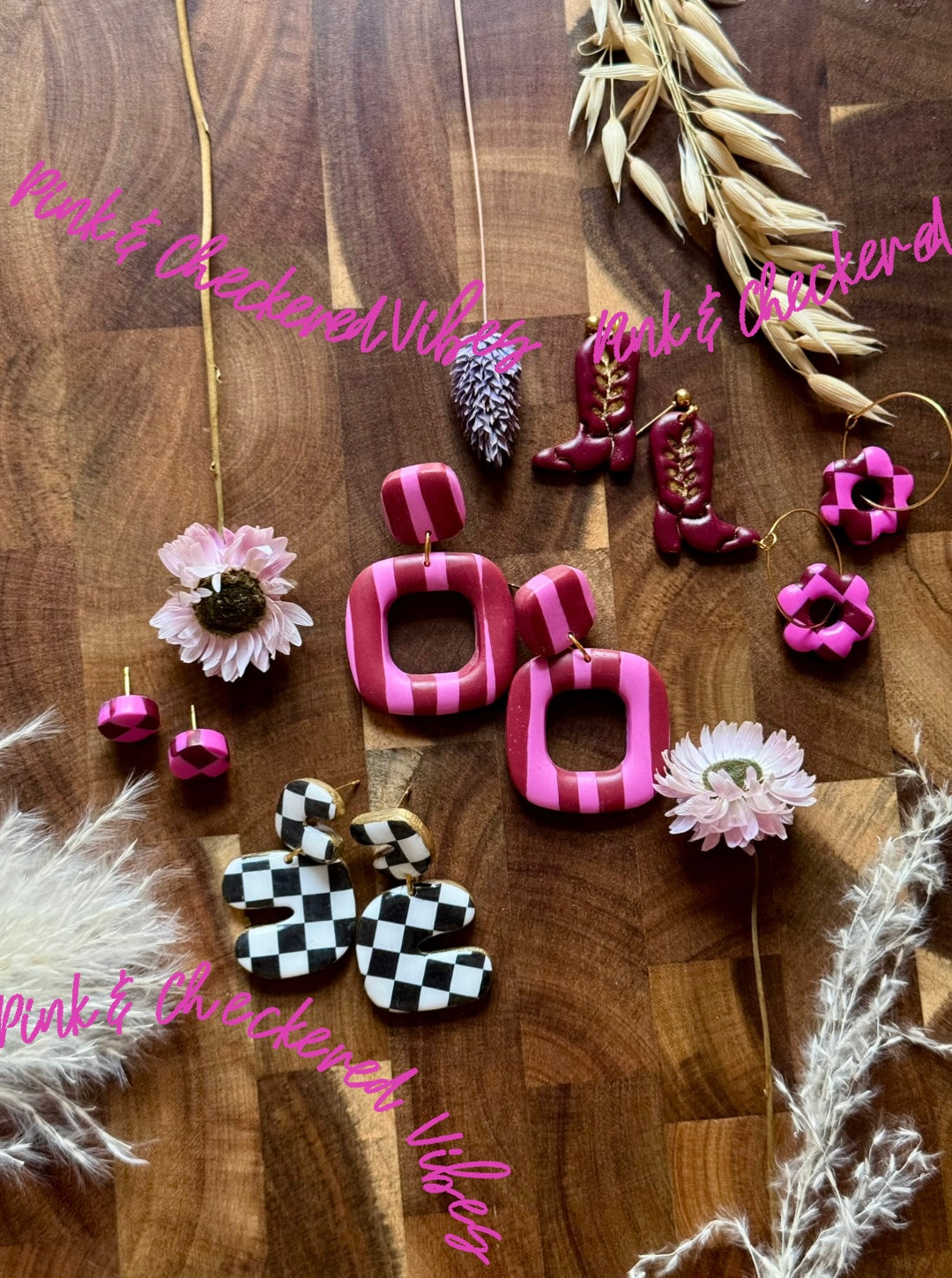 Pink & Checkered Vibes Collection | Statement Ohrringe aus Polymer Clay | Creative Studio Anni