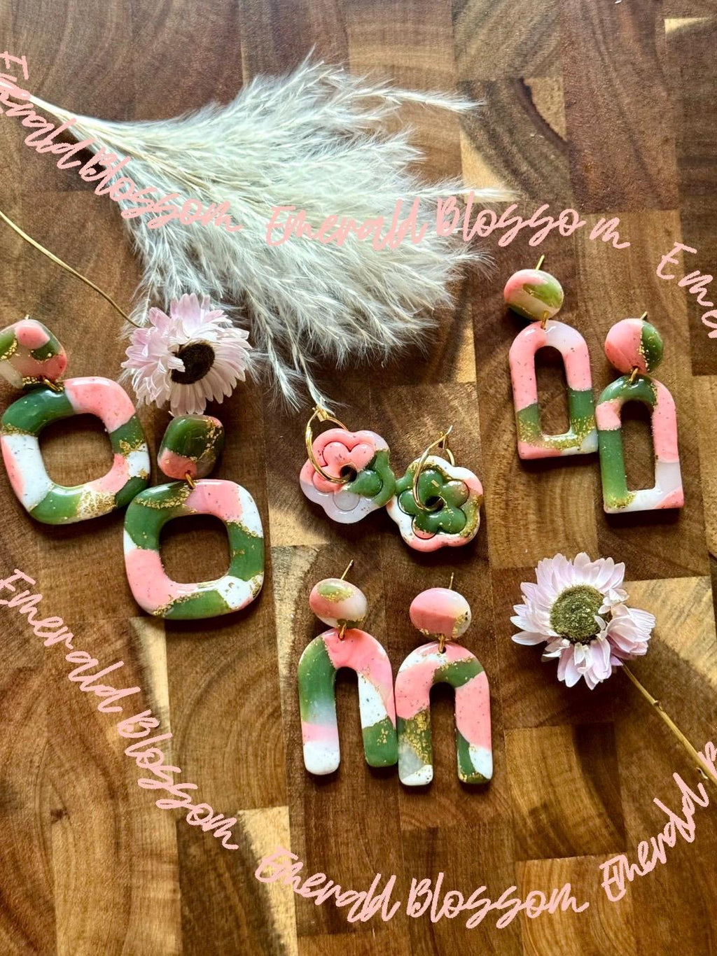 Emerald Blossom Collection | Statement Ohrringe aus Polymer Clay | Grün & Rosa | Creative Studio Anni